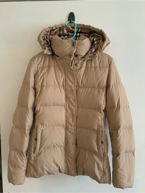 Burberry Beige Stella Hooded Puffer Jacket with Signature Plaid Lining